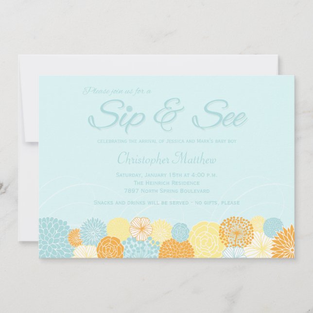 Um gole floral azul e ver o novo convite de festas (Frente)