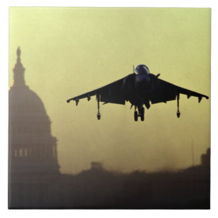 Um jato Harrier pousando no Mall ao amanhecer com