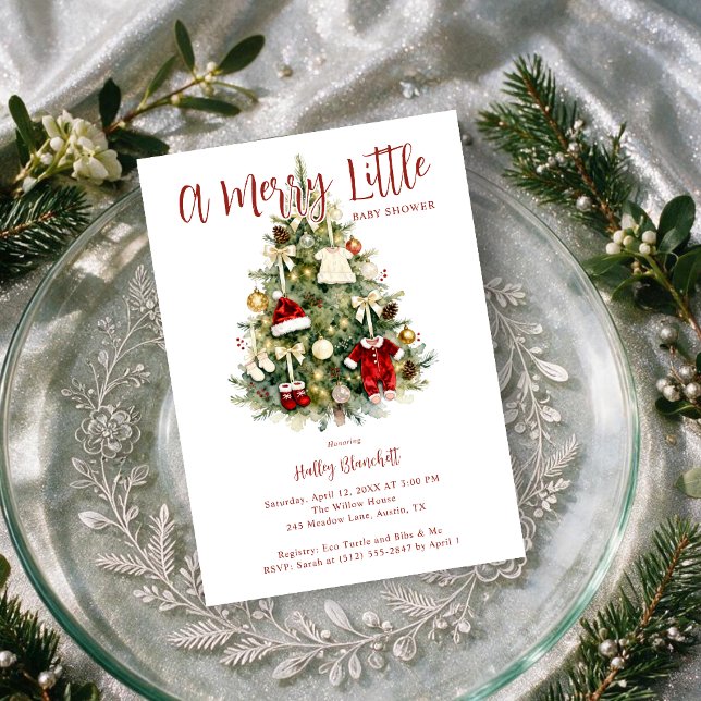 Um Natal Alegre Convite de Chá de Bebê Árvore LPM2 (A Merry Little Christmas Baby Shower Invitation Featuring Watercolor Effect Tree Decorated)