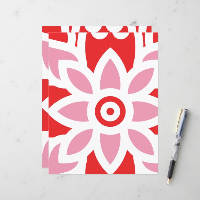 um padrão vermelho e branco com uma flor (Frente/Verso In Situ)
