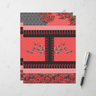 um padrão vermelho e preto com flores