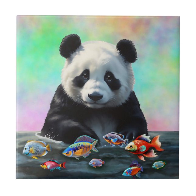 Um panda olha curiosamente para peixes coloridos n (Frente)