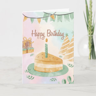 Um pedaço de bolo lado rosa e cartão de aniversári