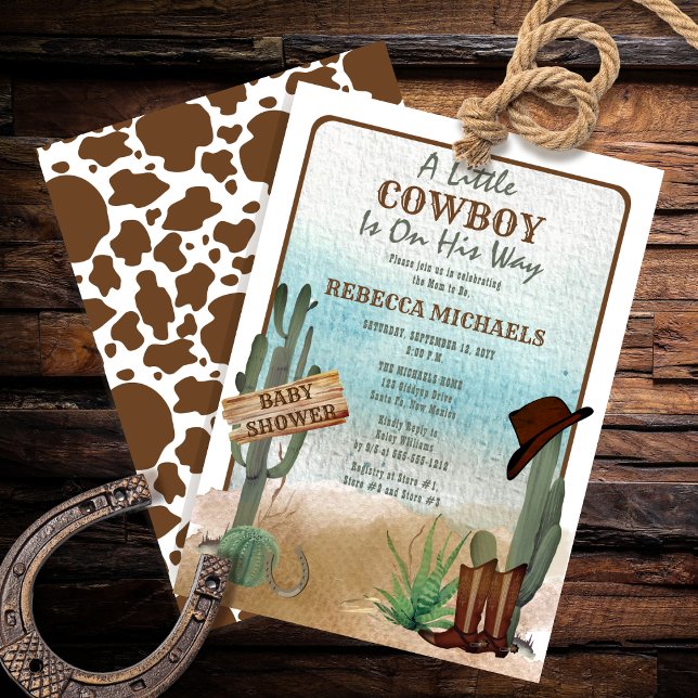 Um pequeno convite para Chá de fraldas de garoto o (Rustic Western "A Little Cowboy Is On His Way" Boy Baby Shower Invitation)