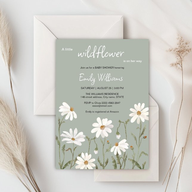 Um pequeno convite para chá de fraldas de margarid (Daisy wildflower watercolor baby in bloom floral shower invitation in sage colors, rustic, boho)
