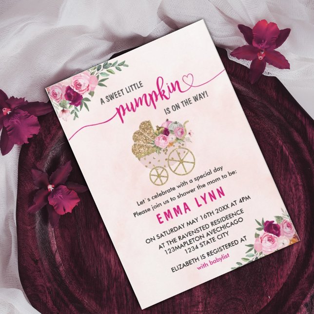 Um Pequeno Convite Para Chá de fraldas De Menina D (#zazzlemade #pumpkin #fall #babyshower)