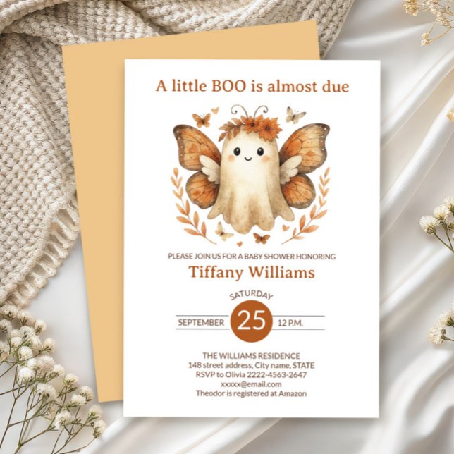 Um pequeno convite para Chá de fraldas fantasma de (A little BOO is almost due — cute fall baby shower invitation with fairy ghost & pumpkins)