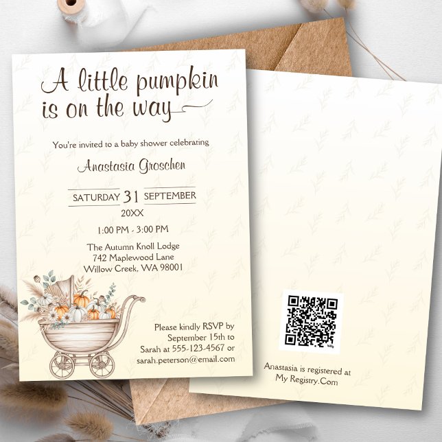 Um Pequeno Convite Para Chá de fraldas Pumpkin Boh (A Little Pumpkin Is On The Way Baby Shower Invitation with QR code)