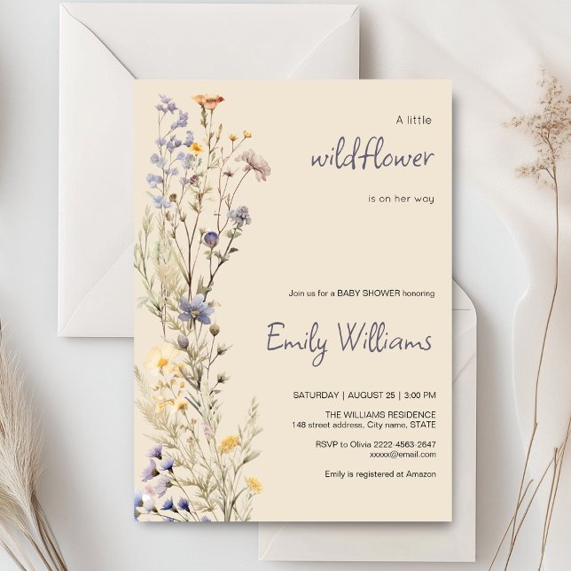 Um pequeno convite para Chá de fraldas rústico de  (A little wildflower elegant rustic boho watercolor baby shower invitation, baby in bloom)