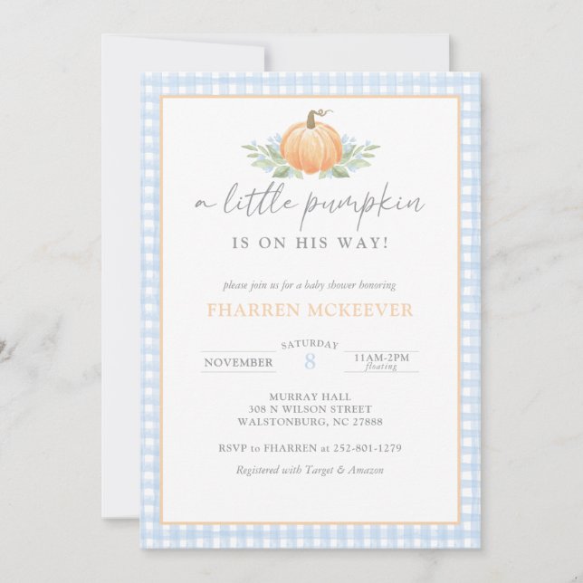Um Pequeno Pumpkin | Gingham | Convite para chá de (Frente)