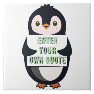 Um pinguim segurando um sinal com texto personaliz