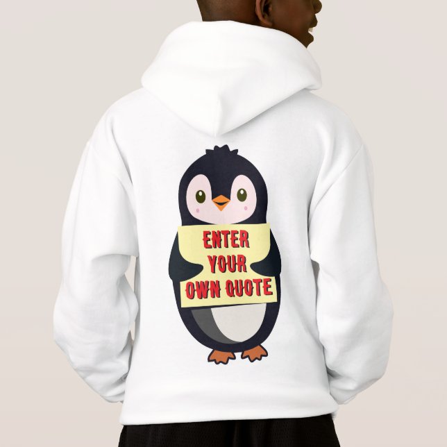 Um pinguim segurando um sinal com texto personaliz (Verso)