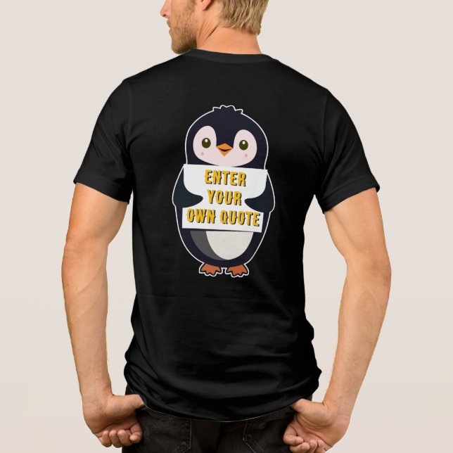 Um pinguim segurando um sinal com texto personaliz (Verso)