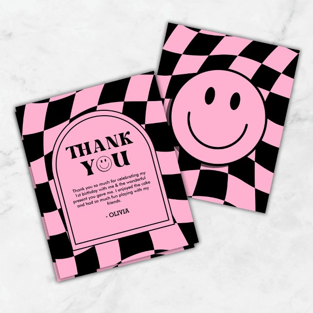 Um primeiro aniversario Rosa Feliz (Budget One Happy Babe Pink Girl 1st Birthday Thank You Card  )