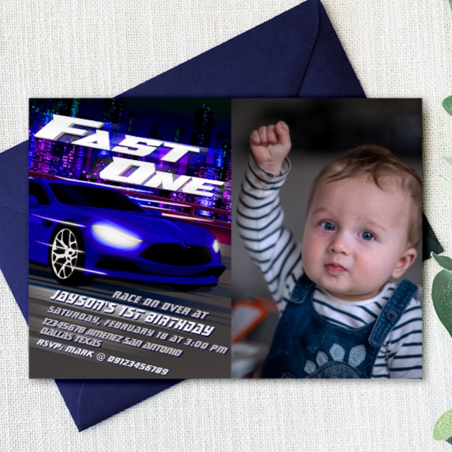 Um Rápido com Convite de Imagem (Fast One - 1st Birthday Racing Boy Landscape Invitation with Photo)