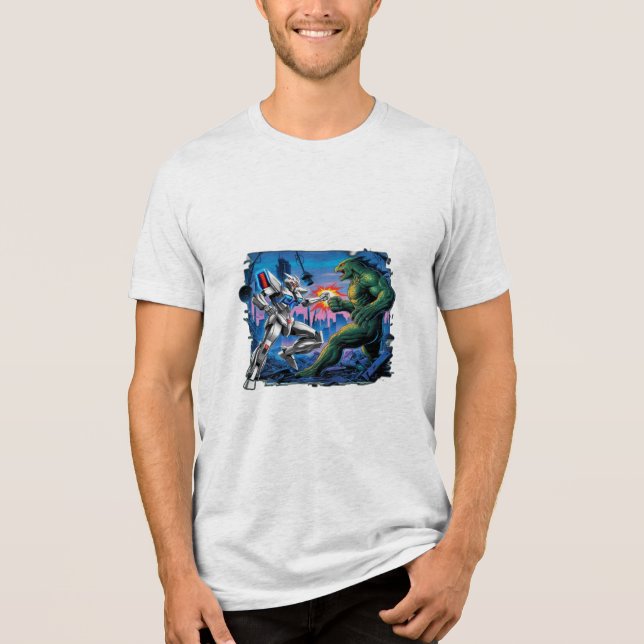 Um robô mecha combatendo um monstro gigante (Frente)