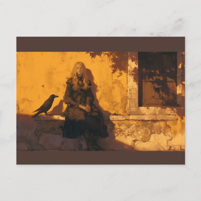 Uma bruxa e seu corvo familiar, cartão postal (Frente)