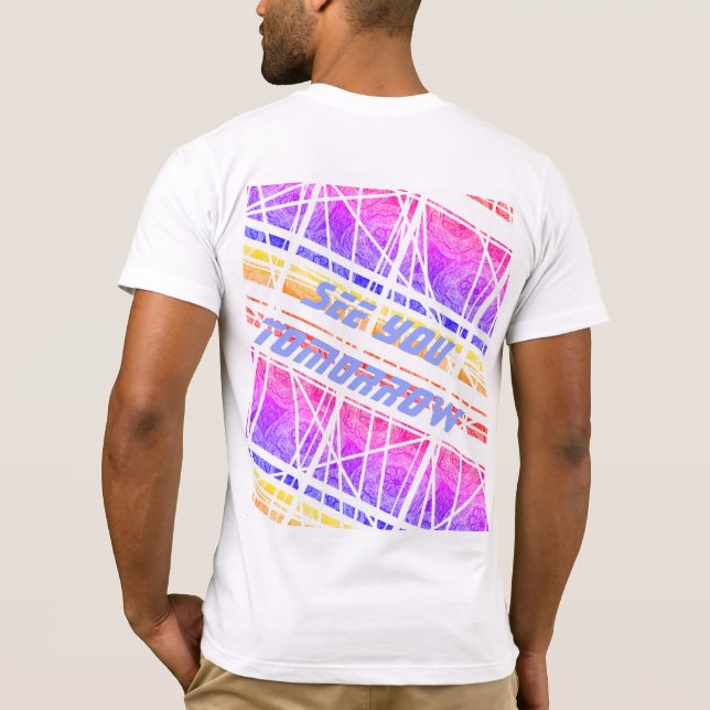Uma camisa futurista colorida com texto personaliz (Verso)