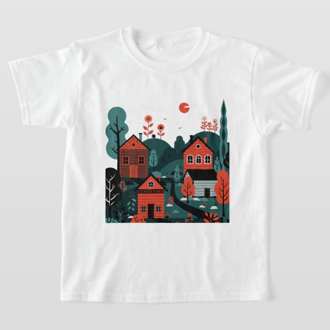 Uma camiseta com uma vila desenhada em um estilo d (Postura )