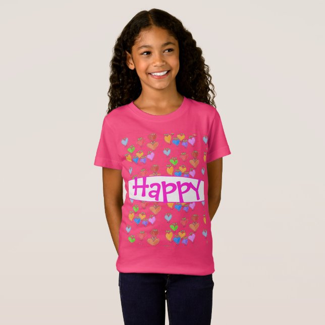 Uma camiseta cor-de-rosa-rosa feliz (Frente Completa)