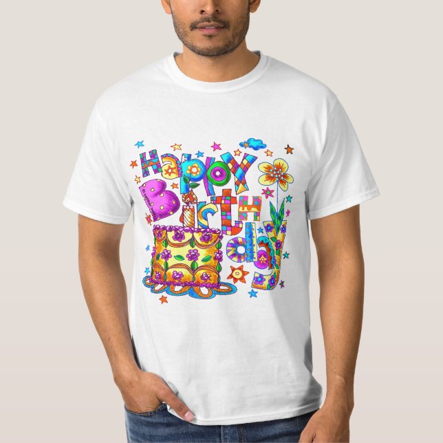 Uma camiseta de bolo de aniversário feliz (Frente)