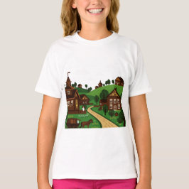 Uma camiseta de uma aldeia desenhada em um estilo 