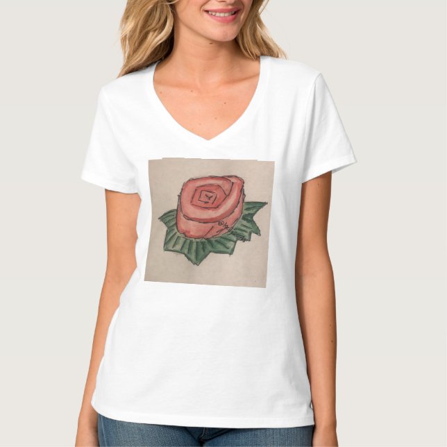 Uma Camiseta rosa v-pescoço com desenho rosa (Frente)