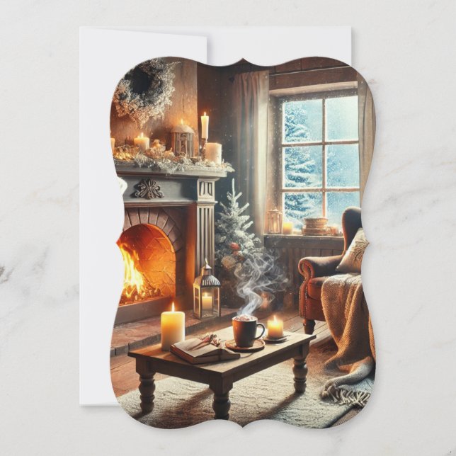 Uma cena de inverno confortável perto da lareira q (Frente)