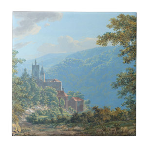 Uma fortaleza numa paisagem de montanha no nascer 