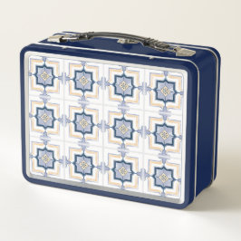 Uma lancheira de metal azul e branco com um padrão