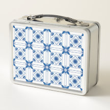 Uma lancheira de metal com um azul e branco