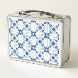 Uma lancheira de metal com um azul e branco