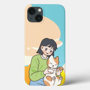 Uma menina com seu gato carinhoso