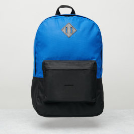 Uma mochila azul e preta com um bolso frontal
