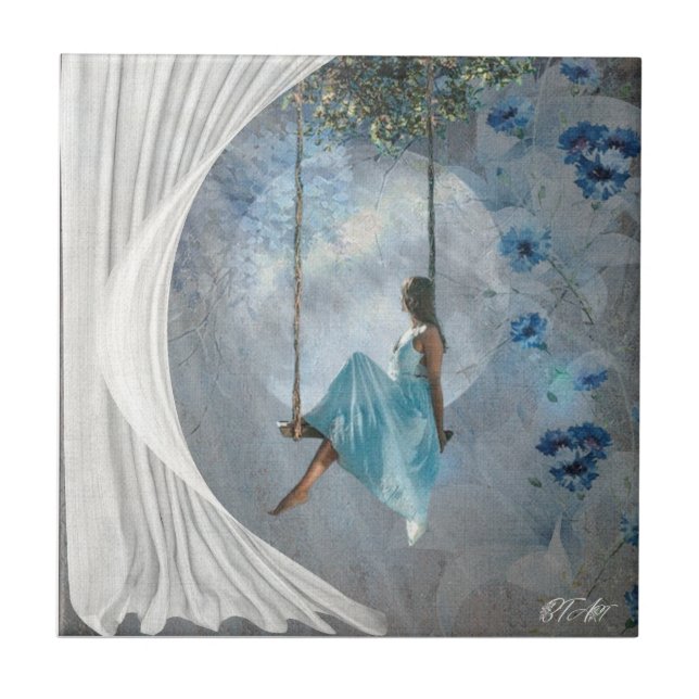 Uma mulher com um vestido azul num balanço (Frente)