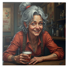 Uma mulher mais velha engraçada em bar com cerveja