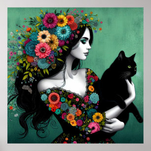 Uma mulher num vestido floral segurando um Poster