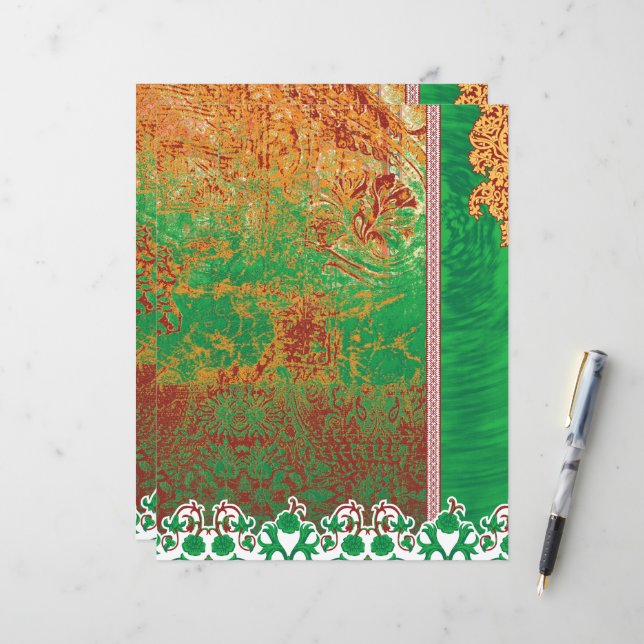 uma pintura de um campo verde com uma borda laranj (Frente/Verso In Situ)