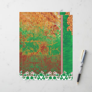 uma pintura de um campo verde com uma borda laranj