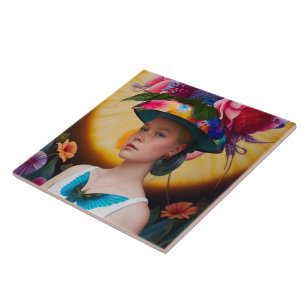 Uma senhora com um chapéu de sol floral