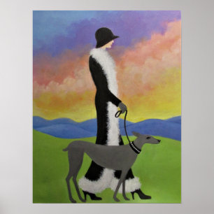 Uma senhora que anda seu poster do cão