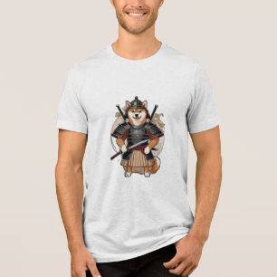 Uma shiba inu em uma roupa de samurai, segurando u