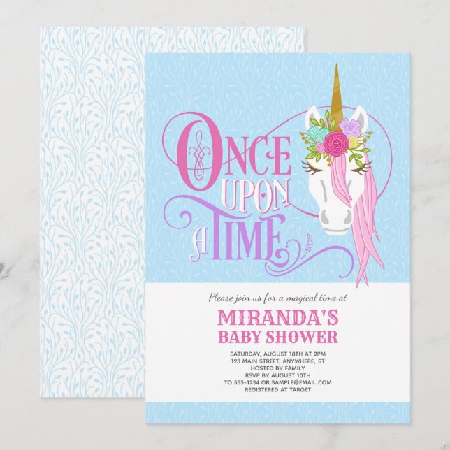 "Uma vez" convite do chá de fraldas do UNICÓRNIO (Frente/Verso)