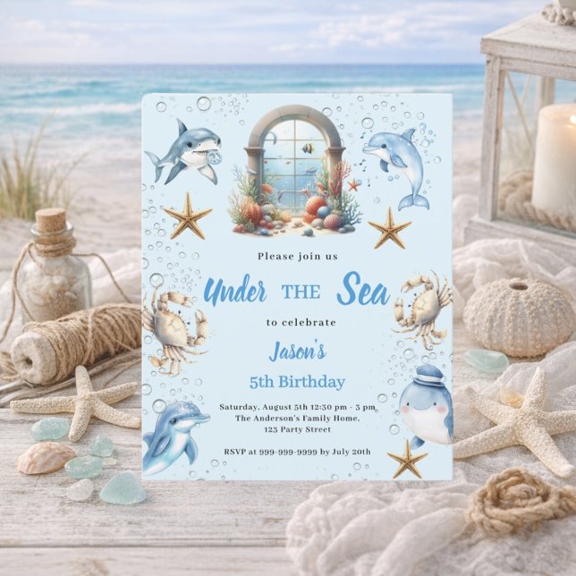 Under the sea blue animals boy Birthday invitation (Criador carregado)