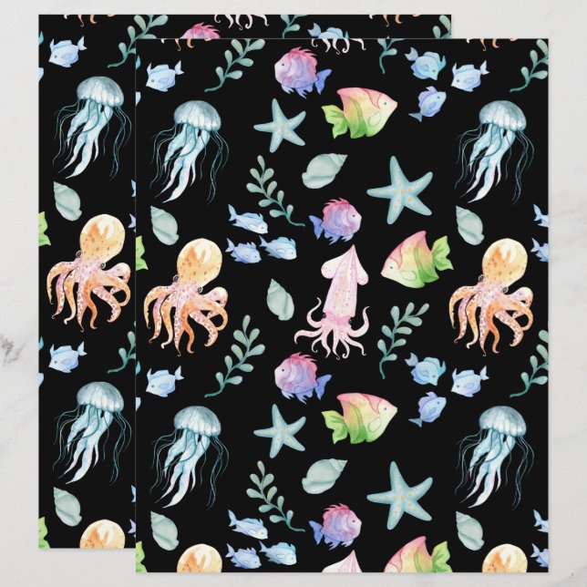 Under the Sea Scrapbook Paper in Black (Frente/Verso)