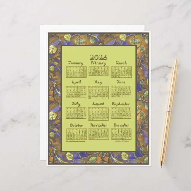 Undulating Leaves Border 2026 Calendar Paper Sheet (Frente/Verso In Situ)
