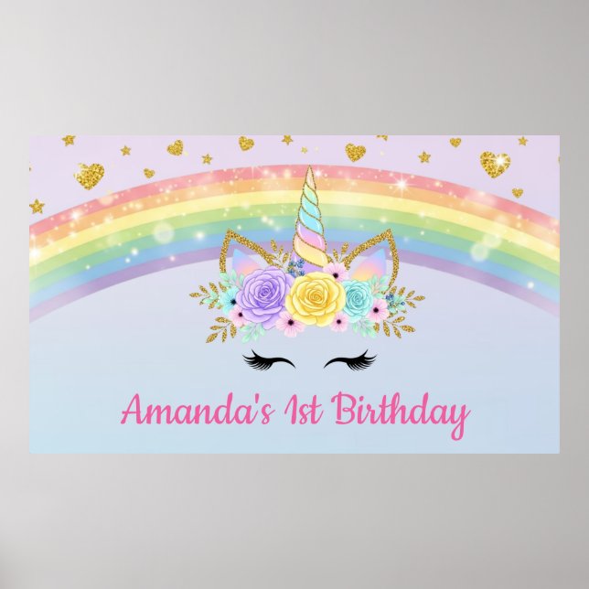 Unicorn Floral Crown Rainbow Birthday Poster (Frente)