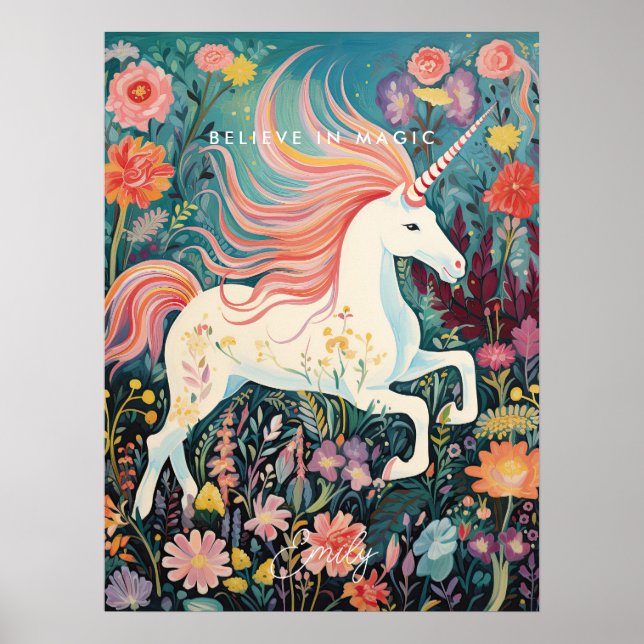 unicorn floral mágico acredite poster de quarto de (Frente)
