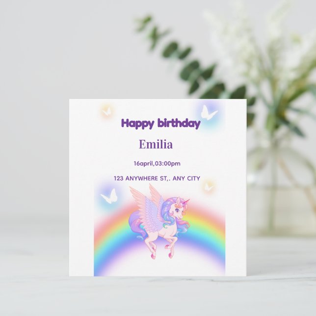 Unicorn Rainbow Birthday Invitation  Flat Card (Em pé/Frente)
