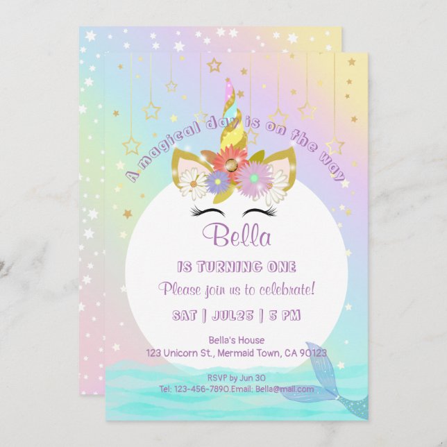 Unicorn Rainbow Mermaid Primeiro Convite de Aniver (Frente/Verso)